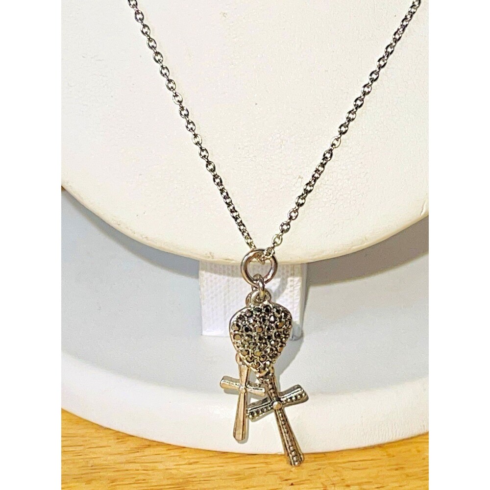 Womens Silver Tone Cable Chain Necklace Rhinestone Heart & Cross Charm Lobster